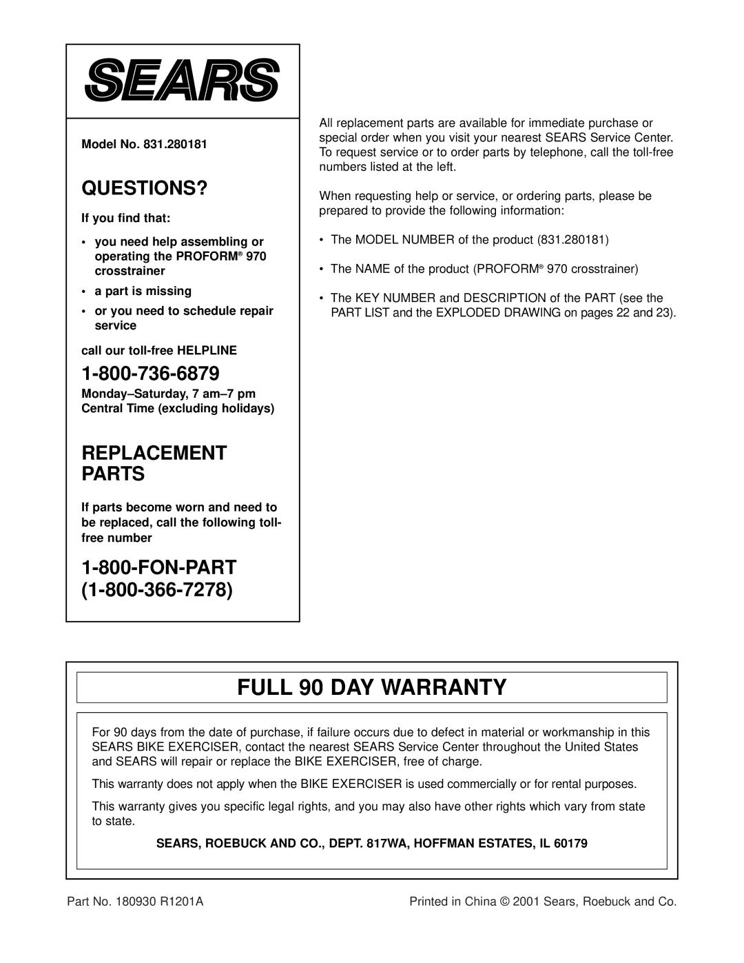 ProForm 831.280181 user manual Full 90 DAY Warranty, Model No, SEARS, Roebuck and CO., Dept WA, Hoffman ESTATES, IL 