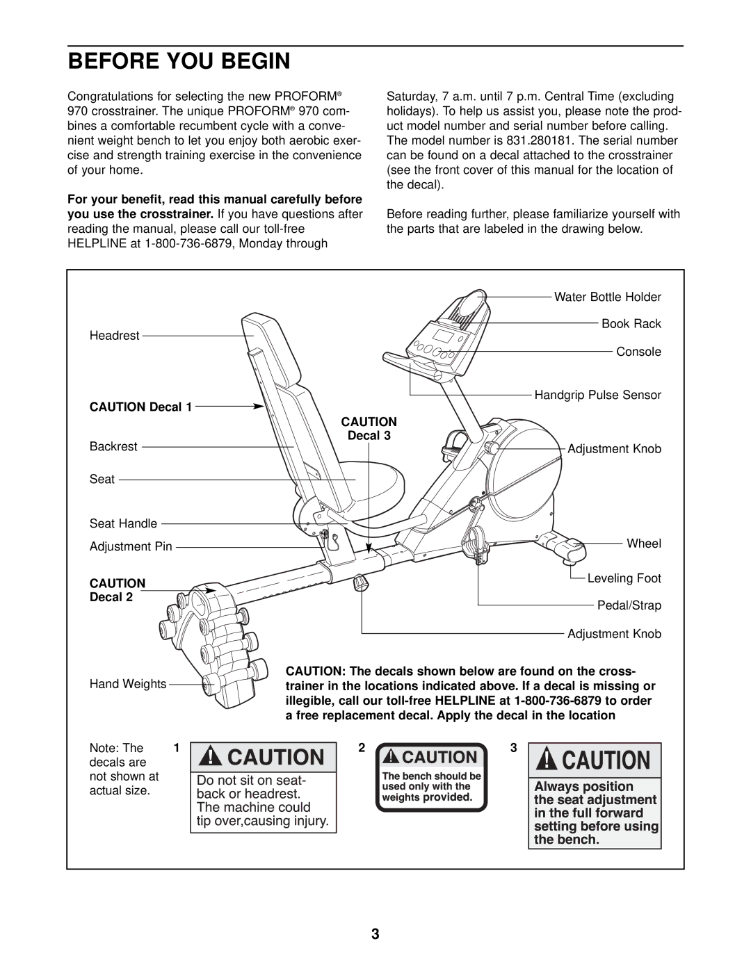 ProForm 831.280181 user manual Before YOU Begin, Decal 