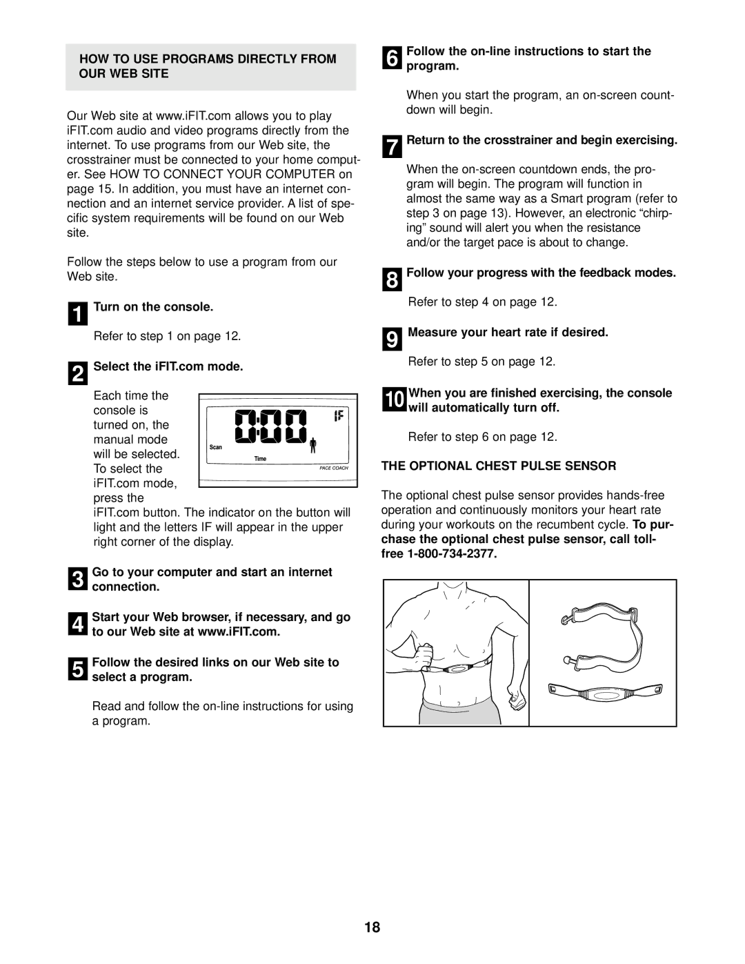 ProForm 831.280182 user manual HOW to USE Programs Directly from OUR WEB Site, Optional Chest Pulse Sensor 