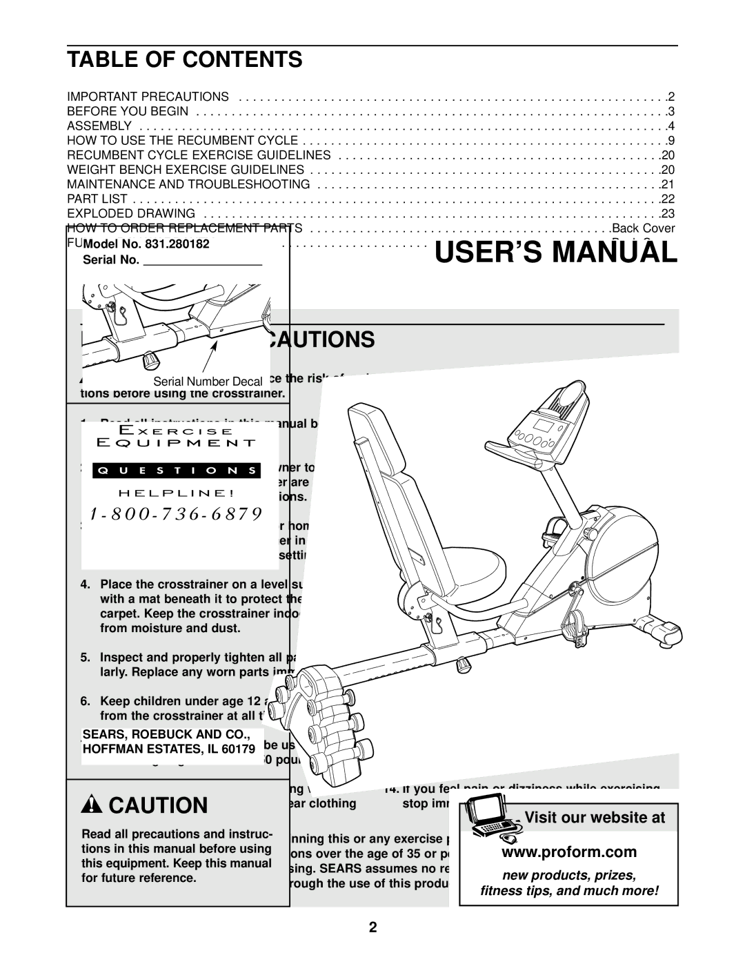 ProForm 831.280182 user manual Table of Contents, Important Precautions 