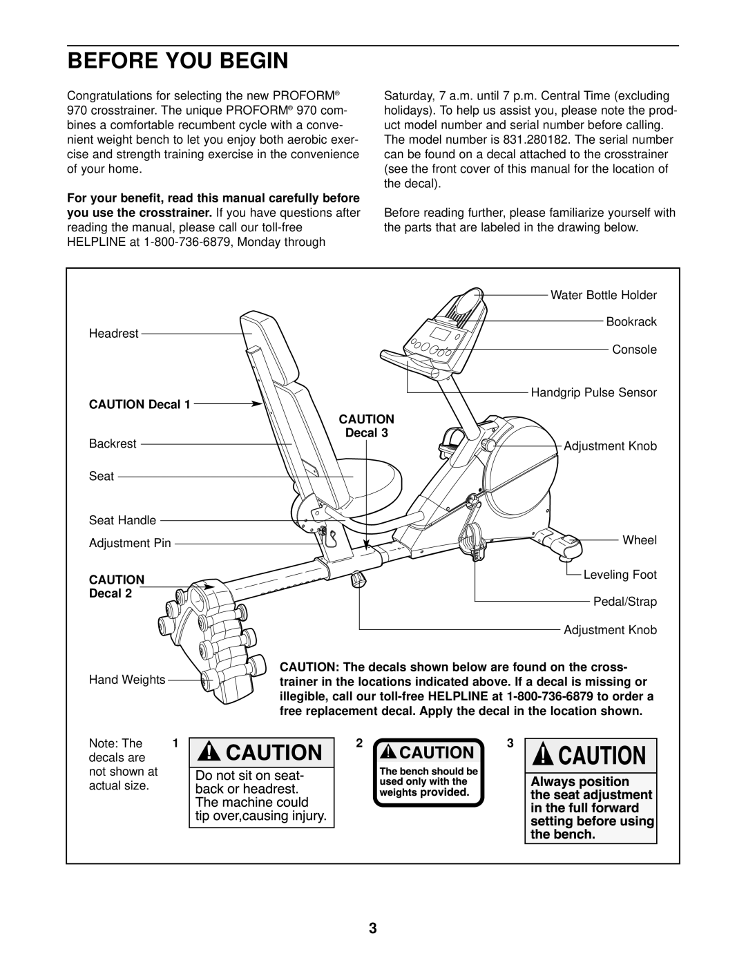 ProForm 831.280182 user manual Before YOU Begin, You use the crosstrainer, Decal 