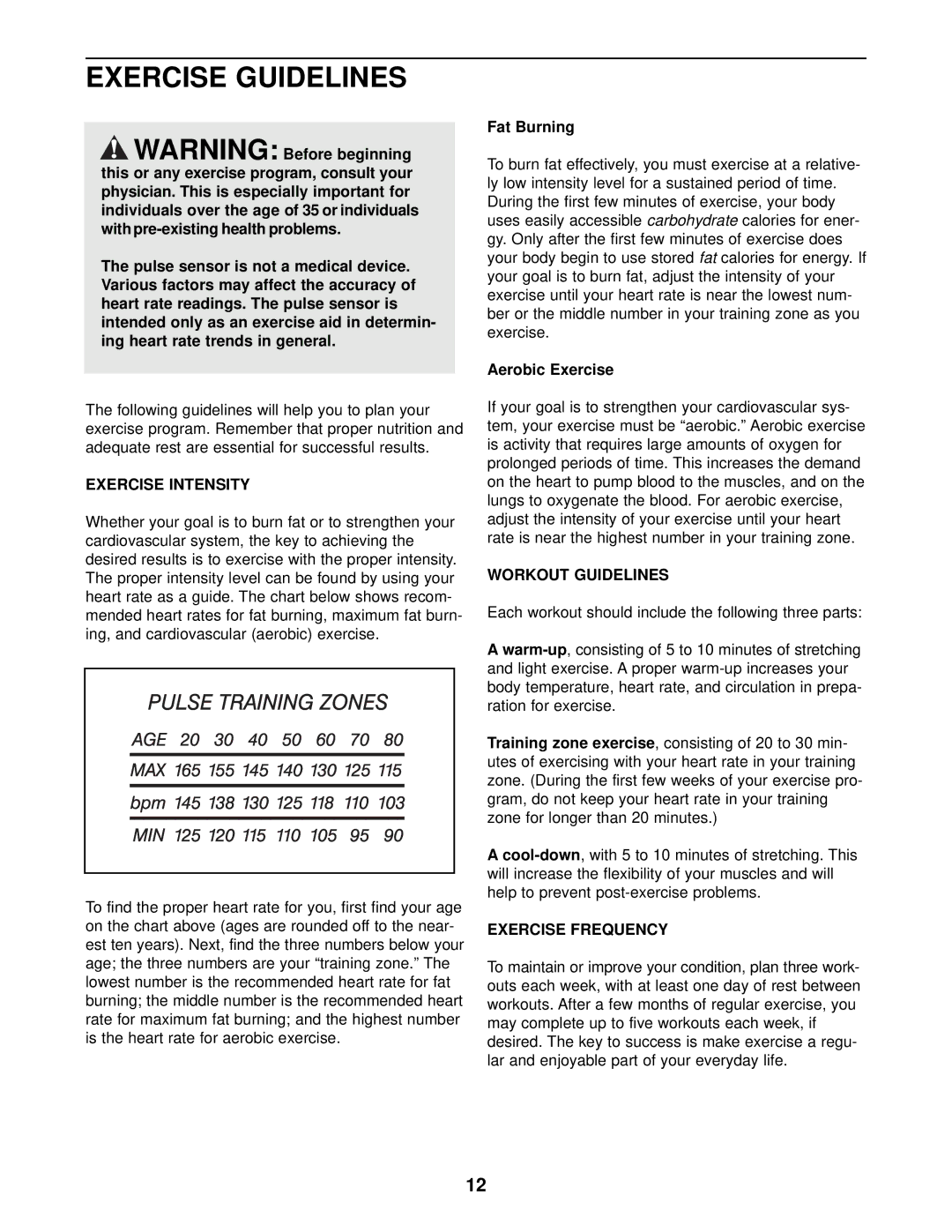 ProForm 831.280440 Exercise Guidelines, Aerobic Exercise, Exercise Intensity, Workout Guidelines, Exercise Frequency 