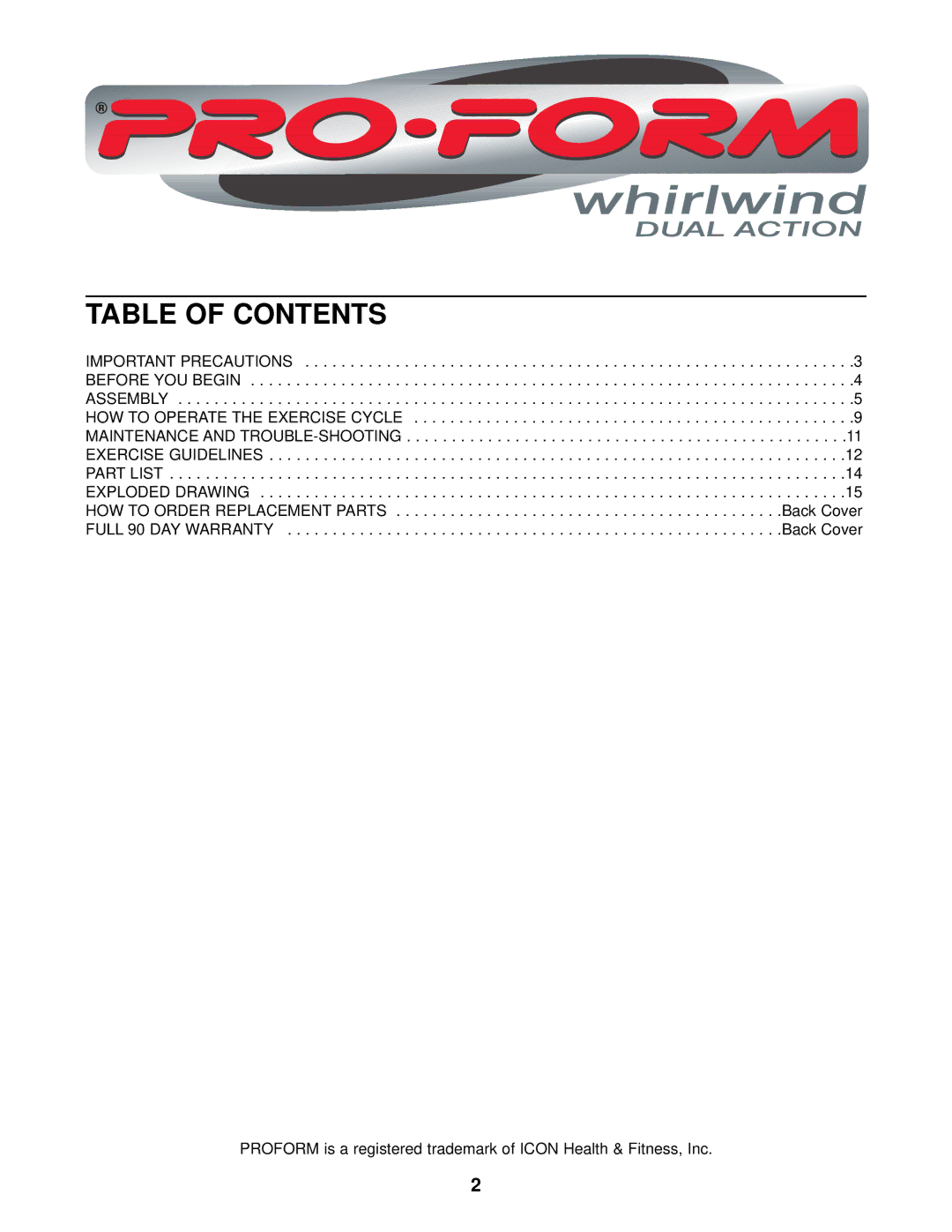 ProForm 831.280440 user manual Table of Contents 