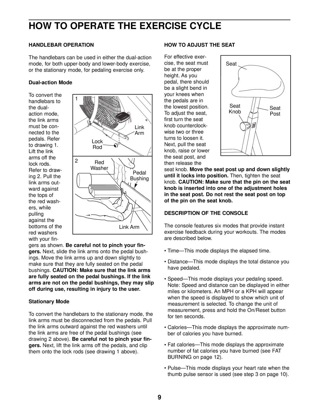 ProForm 831.280440 HOW to Operate the Exercise Cycle, Handlebar Operation, Dual-action Mode, HOW to Adjust the Seat 