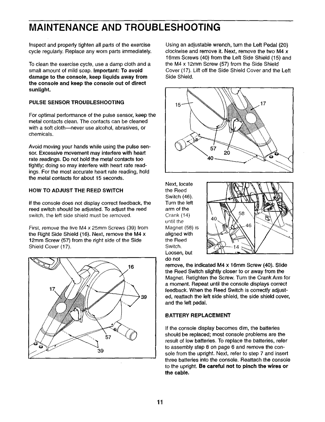 ProForm 831.28317 user manual Maintenance and Troubleshooting, Pulse Sensor Troubleshooting, HOW to Adjust the Reed Switch 