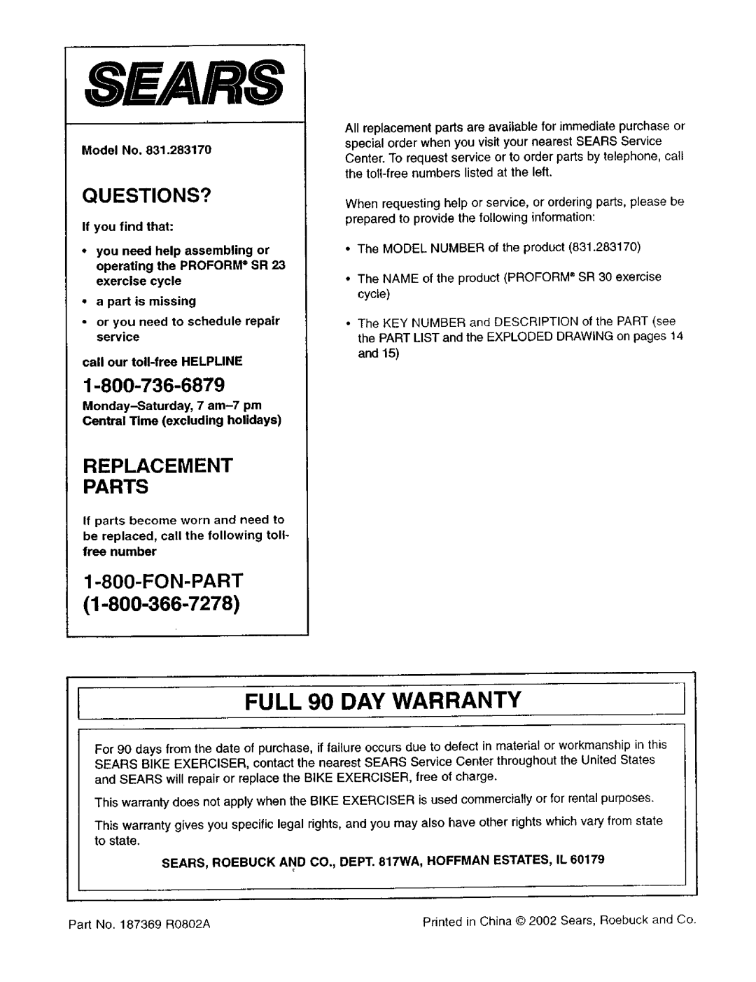 ProForm 831.28317 user manual Ifull 90 DAY Warranty, Model No, SEARS, Roebuck and CO., Dept WA, Hoffman ESTATES, IL 