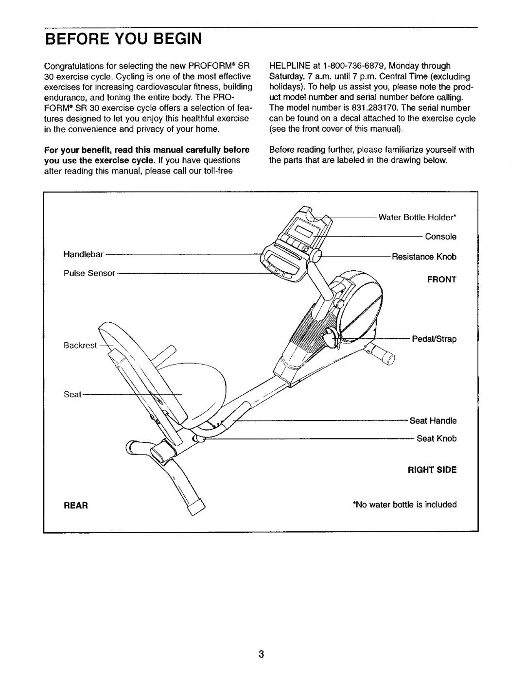 ProForm 831.28317 user manual Before YOU Begin, Front, Pedal/Strap, Right Side Rear, No water bottle is included 