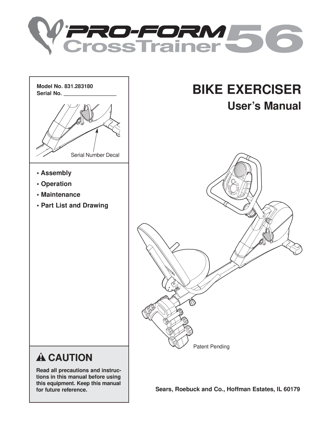 ProForm 831.283180 user manual Assembly Operation Maintenance Part List and Drawing, Model No Serial No 