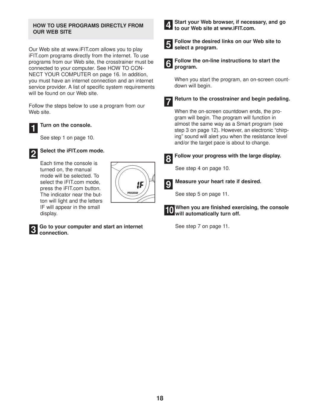 ProForm 831.283180 HOW to USE Programs Directly from OUR WEB Site, Return to the crosstrainer and begin pedaling 