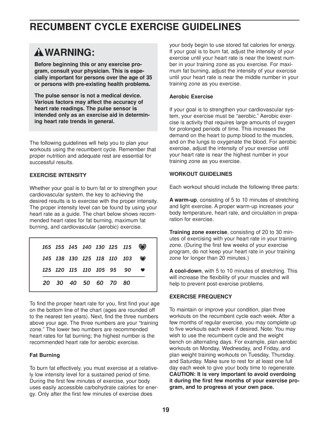 ProForm 831.283180 Recumbent Cycle Exercise Guidelines, Exercise Intensity, Workout Guidelines, Exercise Frequency 