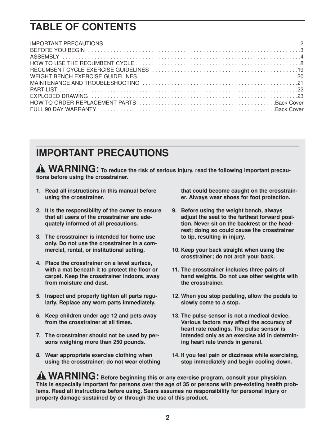 ProForm 831.283180 user manual Table of Contents, Important Precautions 