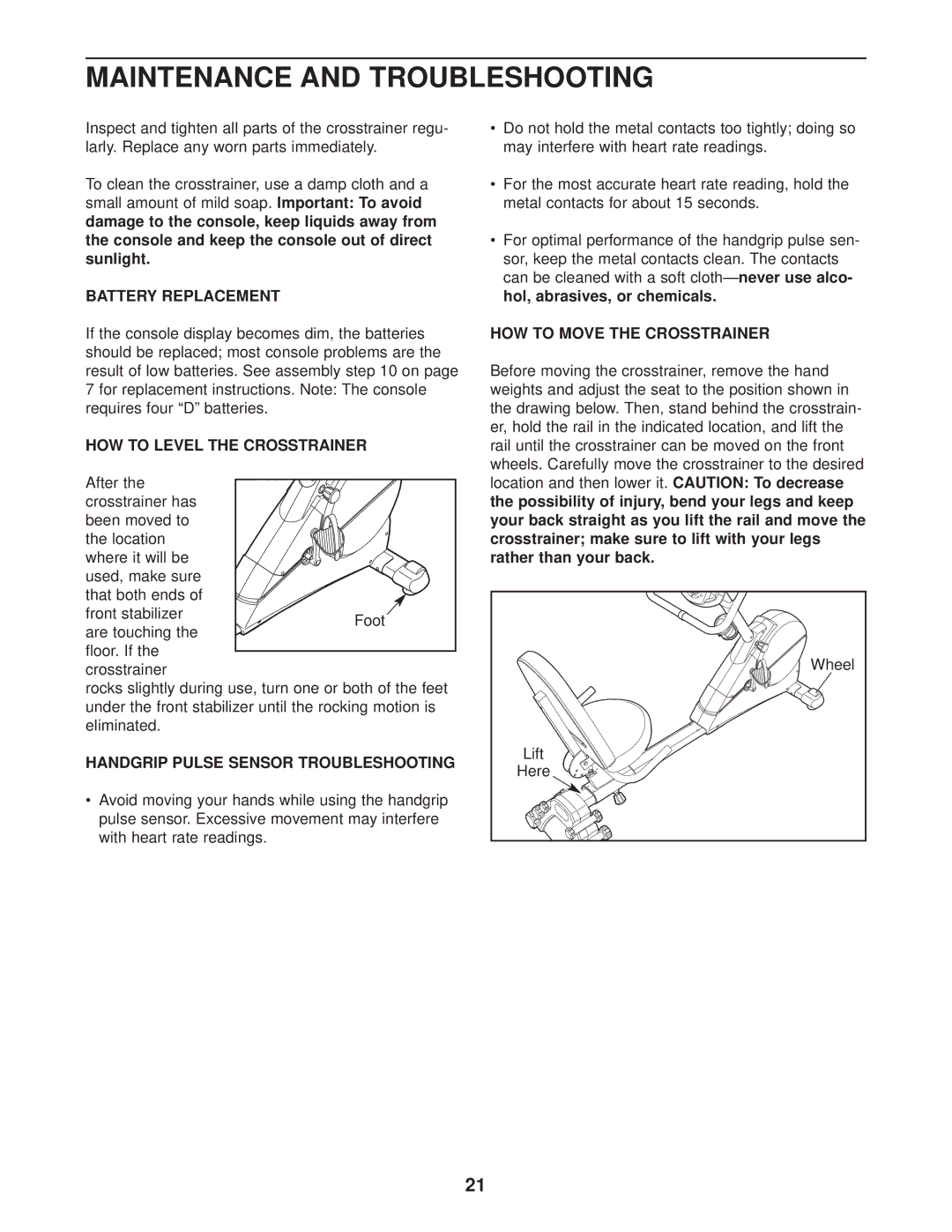 ProForm 831.283180 user manual Maintenance and Troubleshooting, Battery Replacement, HOW to Level the Crosstrainer 