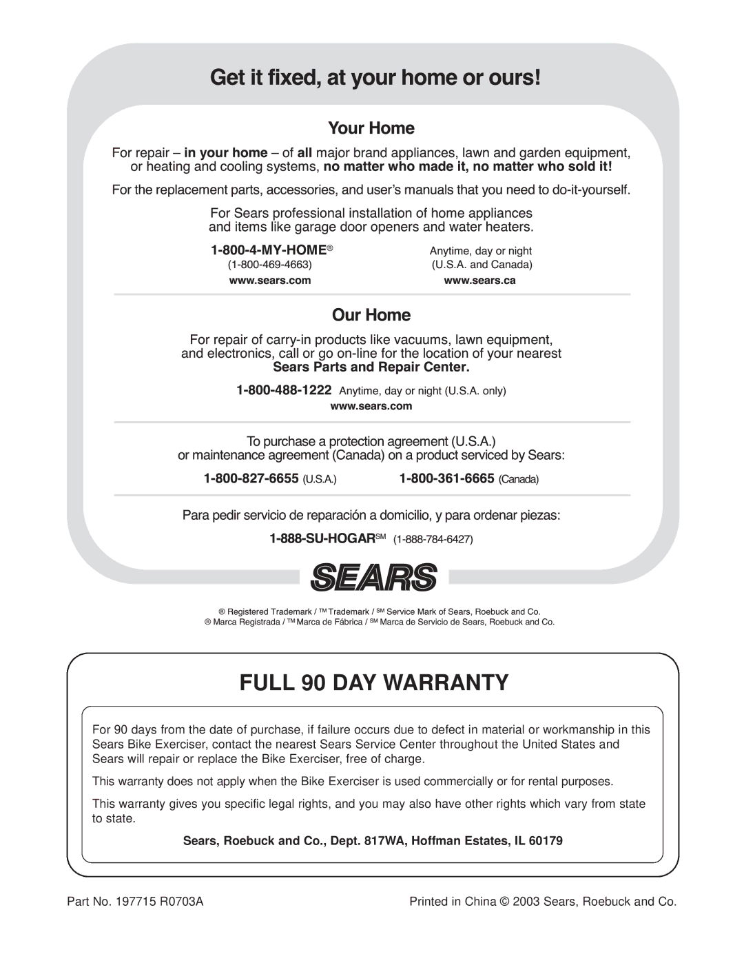 ProForm 831.283180 user manual Full 90 DAY Warranty, Sears, Roebuck and Co., Dept WA, Hoffman Estates, IL 