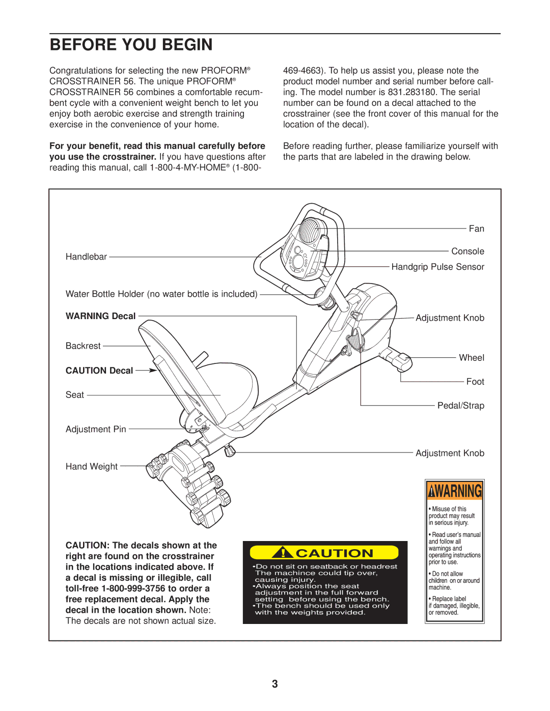 ProForm 831.283180 user manual Before YOU Begin 