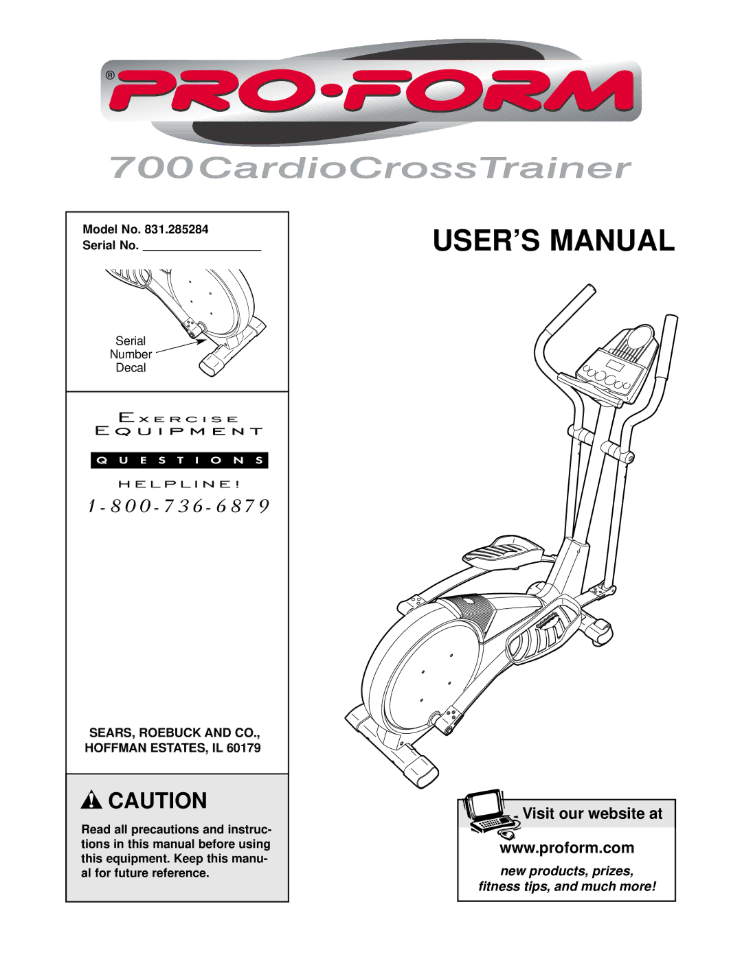 ProForm 831.285284 user manual Serial Number Decal, SEARS, Roebuck and CO., Hoffman ESTATES, IL 