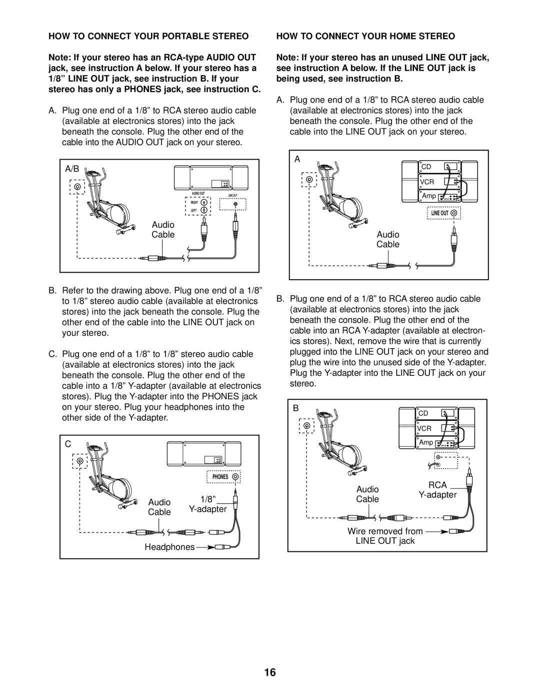 ProForm 831.285284 HOW to Connect Your Portable Stereo, Audio Cable, HOW to Connect Your Home Stereo, Line OUT jack 