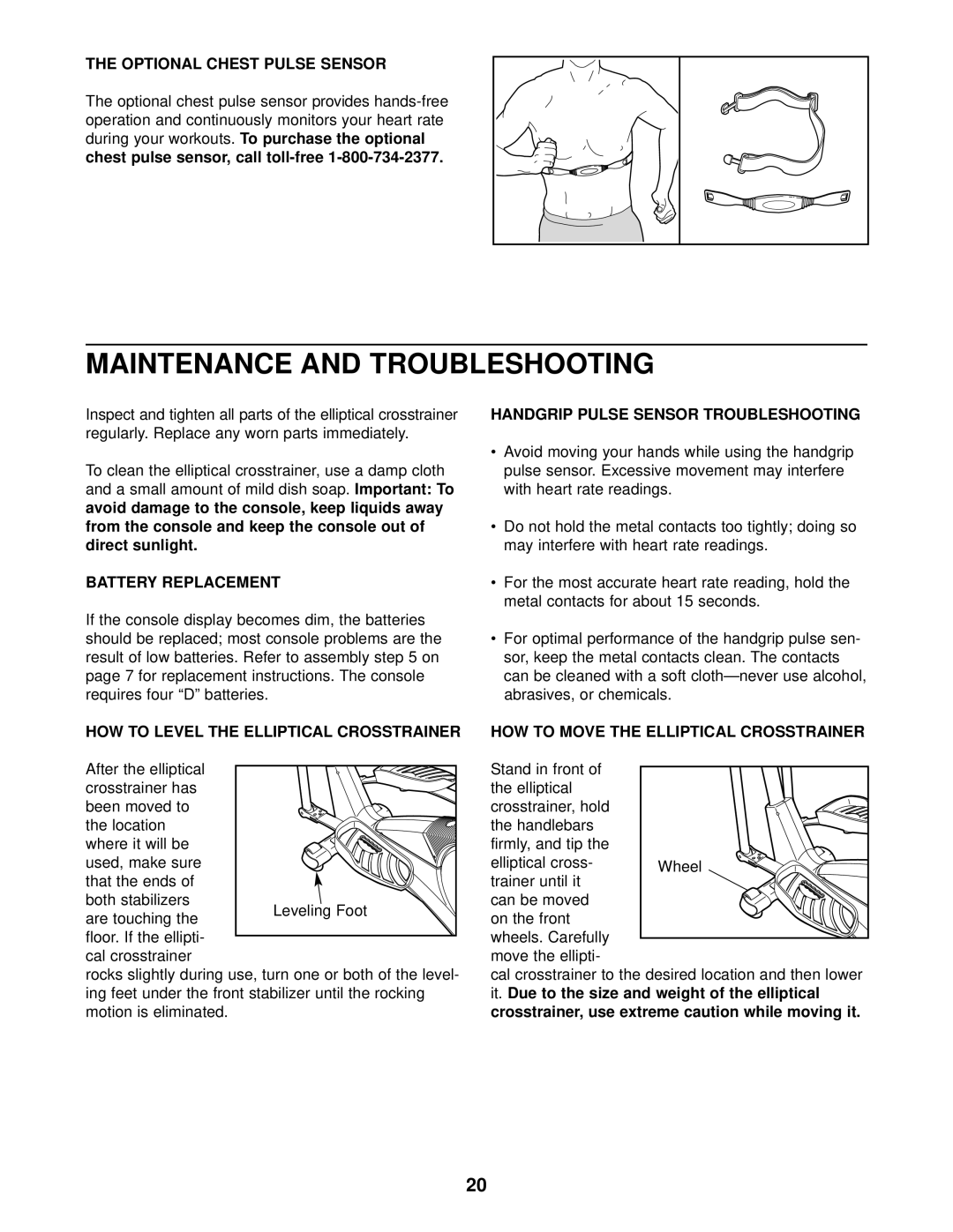 ProForm 831.285284 Optional Chest pulse sensor, call toll-free, Battery Replacement, Handgrip Pulse Sensor Troubleshooting 