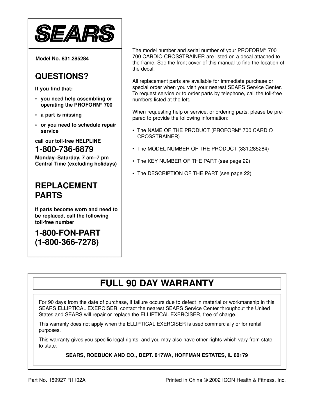 ProForm 831.285284 user manual Full 90 DAY Warranty, SEARS, Roebuck and CO., Dept WA, Hoffman ESTATES, IL 