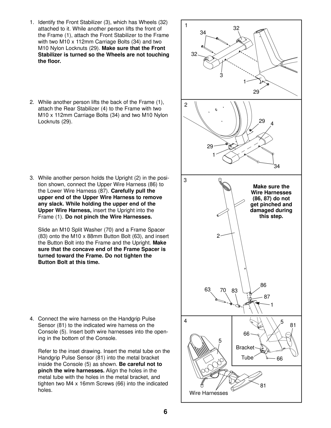 ProForm 831.285284 user manual Lower Wire Harness, Upper Wire Harness, Frame 1. Do not pinch the Wire Harnesses, This step 