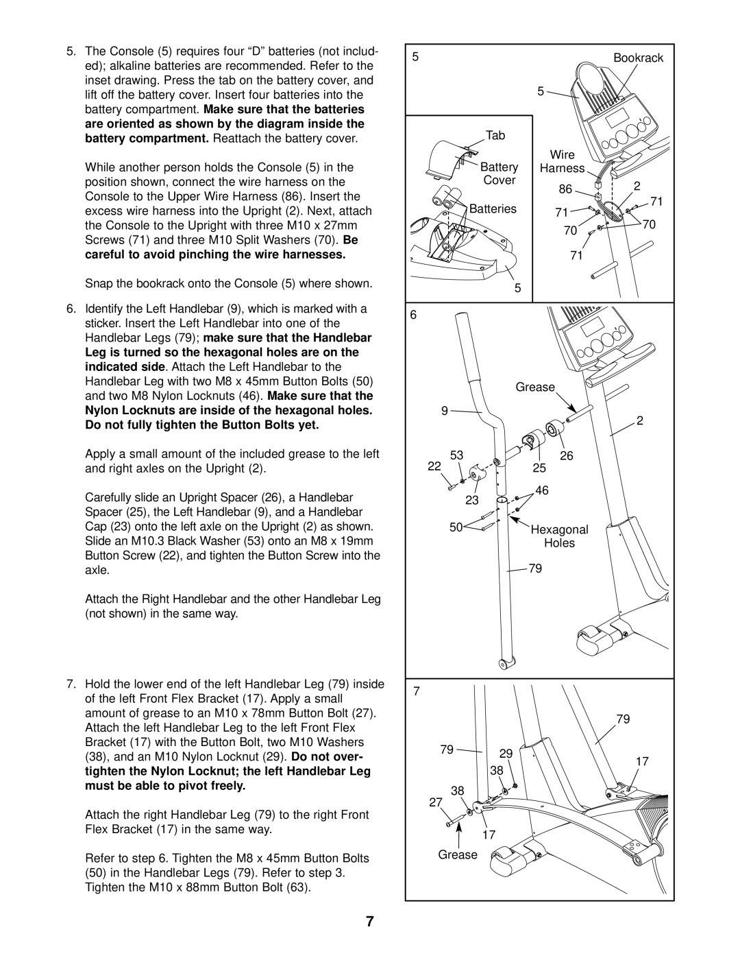 ProForm 831.285284 Battery compartment, Handlebar Legs, Must be able to pivot freely, Wire Harness, Hexagonal Holes 