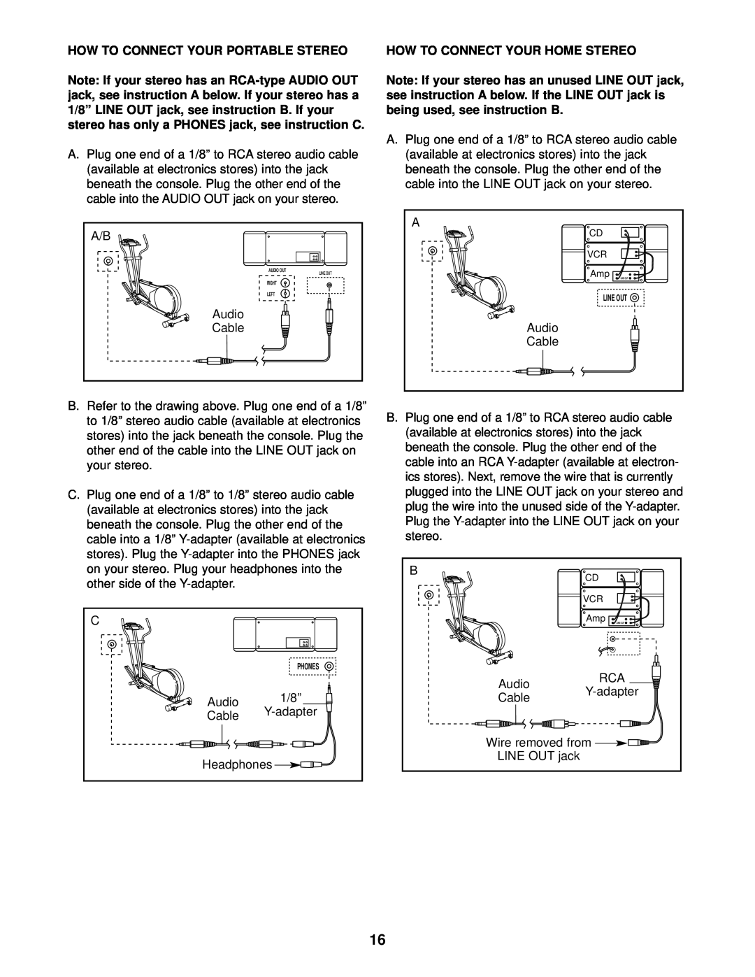 ProForm 831.285284 user manual How To Connect Your Portable Stereo, Audio, Cable, How To Connect Your Home Stereo 