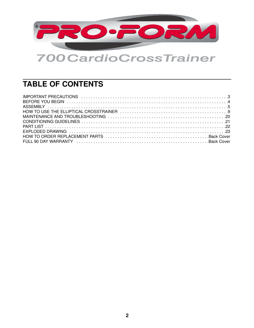 ProForm 831.285284 Table Of Contents, How To Use The Elliptical Crosstrainer, Maintenance And Troubleshooting, Back Cover 