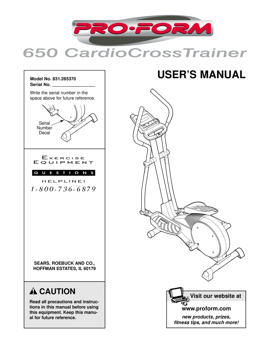 ProForm 831.285370 user manual Model No Serial No, Serial Number Decal 