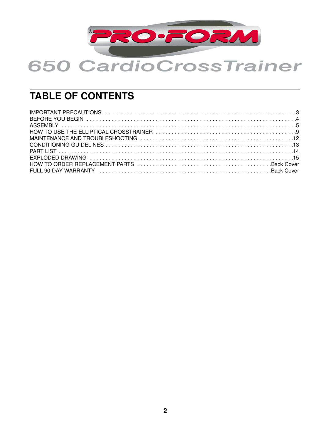 ProForm 831.285370 user manual Table of Contents 