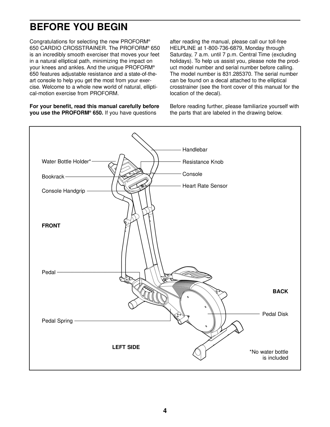 ProForm 831.285370 user manual Before YOU Begin, You use the Proform, Front, Left Side 