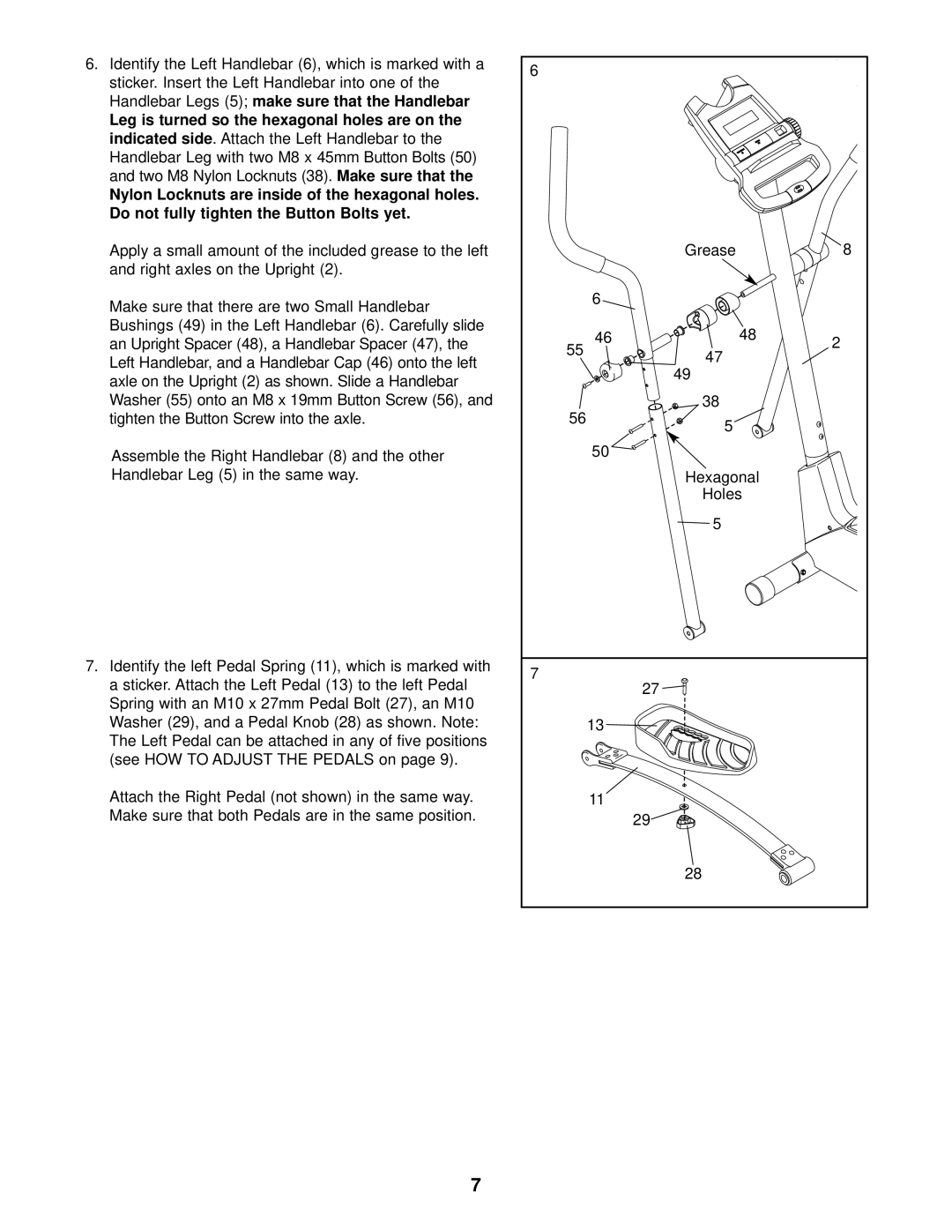 ProForm 831.285370 user manual Handlebar Legs, Handlebar Leg with two M8, Bushings 49 in the Left Handlebar 6. C 