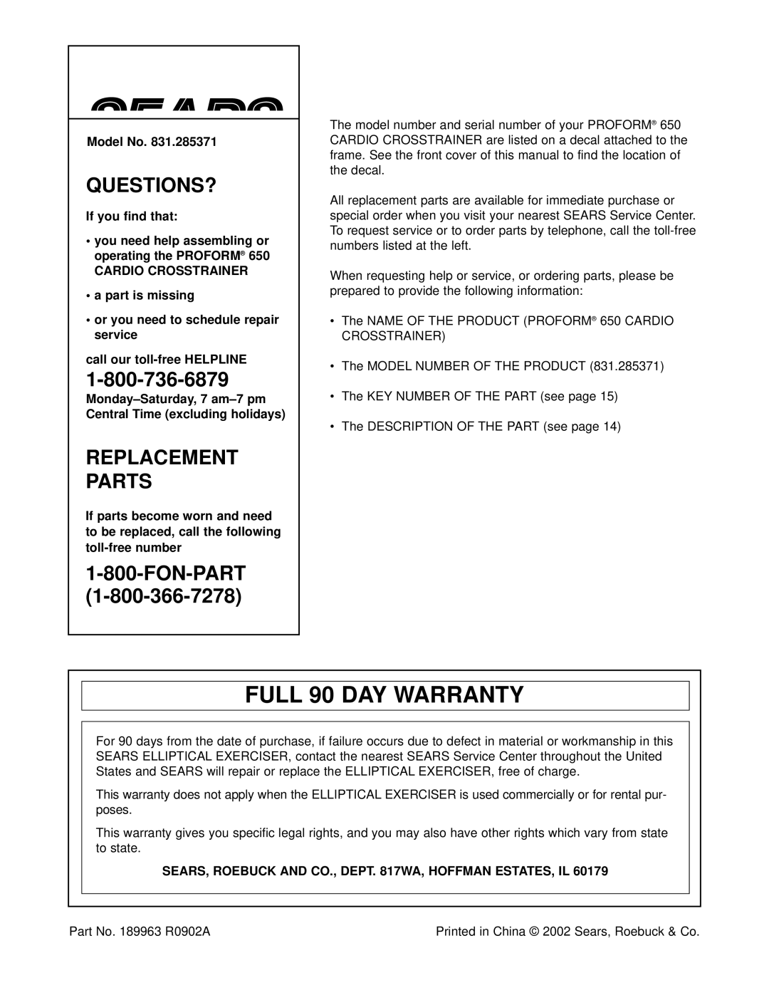 ProForm 831.285371 user manual Full 90 DAY Warranty, SEARS, Roebuck and CO., Dept WA, Hoffman ESTATES, IL 