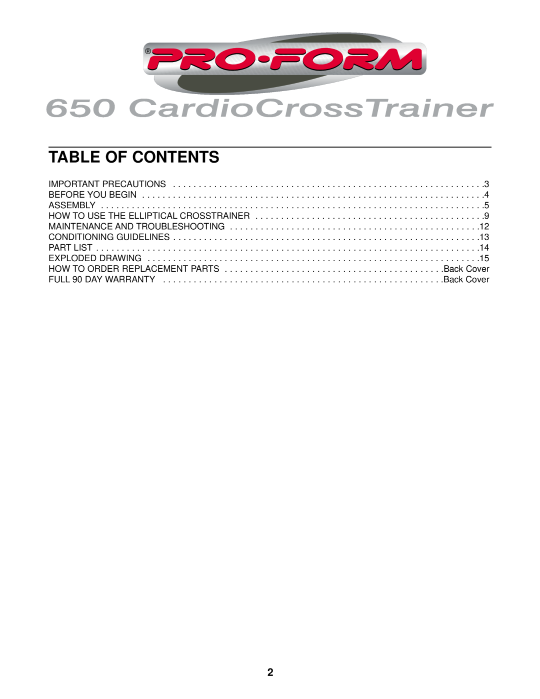 ProForm 831.285371 Table Of Contents, Important Precautions, Before You Begin, Assembly, Conditioning Guidelines 