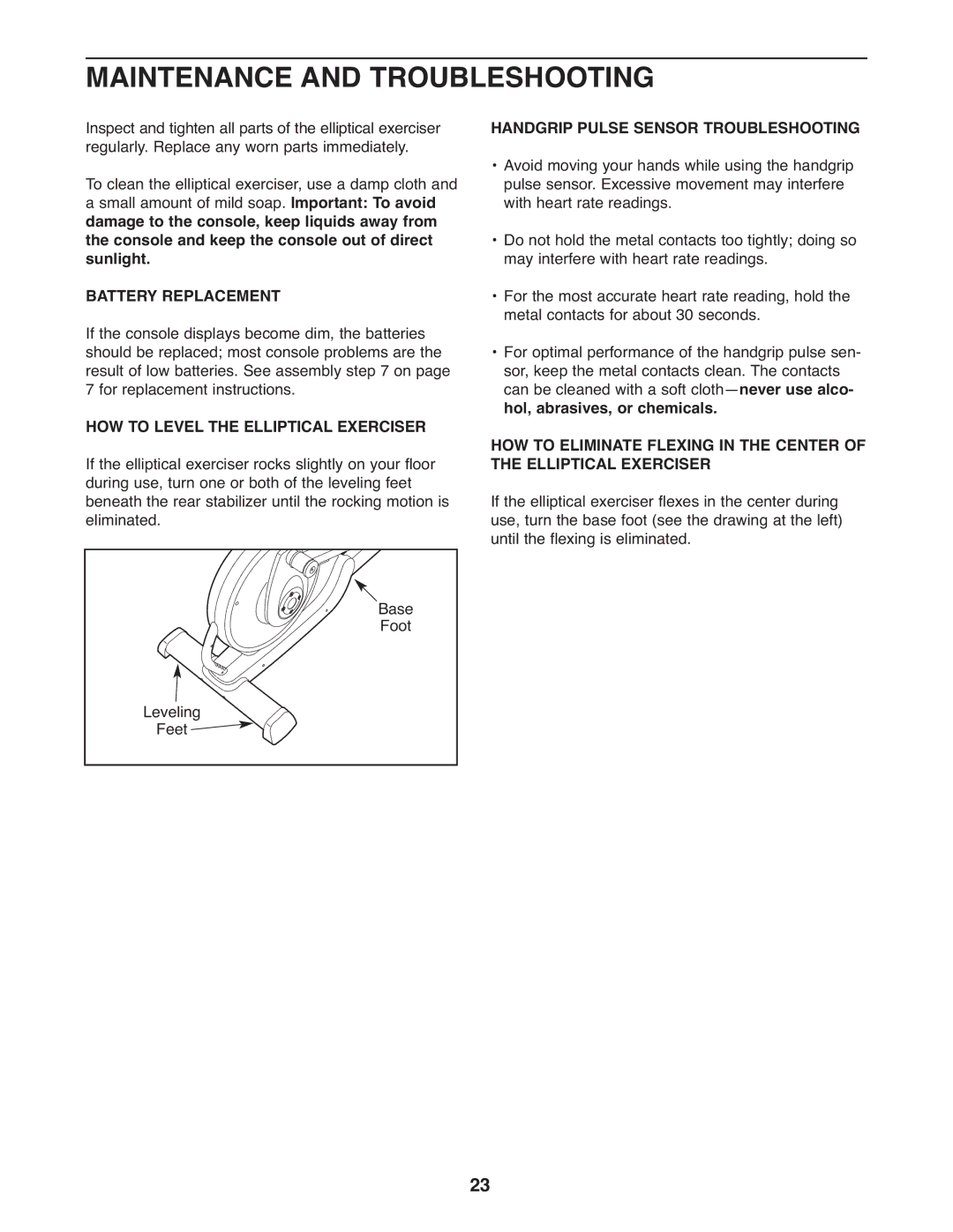 ProForm 831.28544.0 user manual Maintenance and Troubleshooting, Battery Replacement, Handgrip Pulse Sensor Troubleshooting 