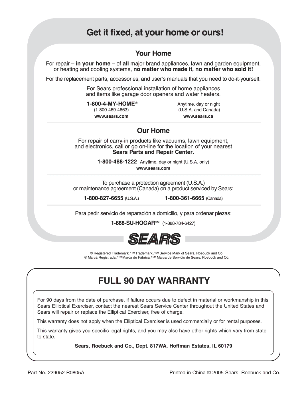 ProForm 831.28544.0 user manual Full 90 DAY Warranty, Sears, Roebuck and Co., Dept WA, Hoffman Estates, IL 