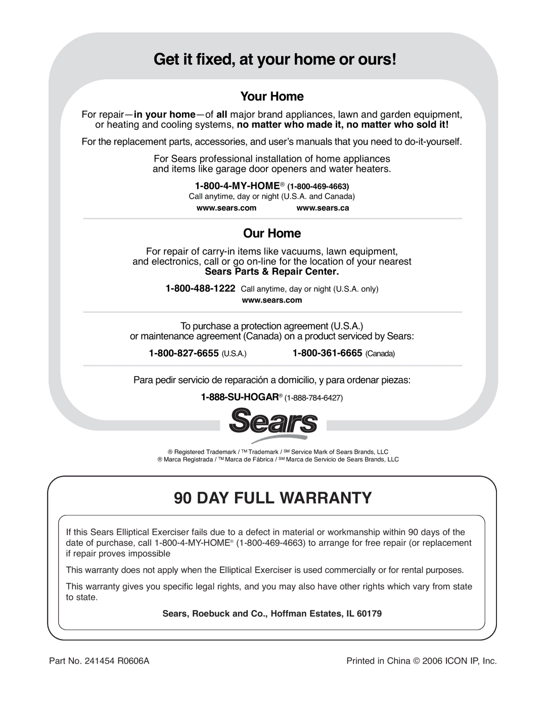 ProForm 831.28544.2 user manual DAY Full Warranty, Sears, Roebuck and Co., Hoffman Estates, IL 