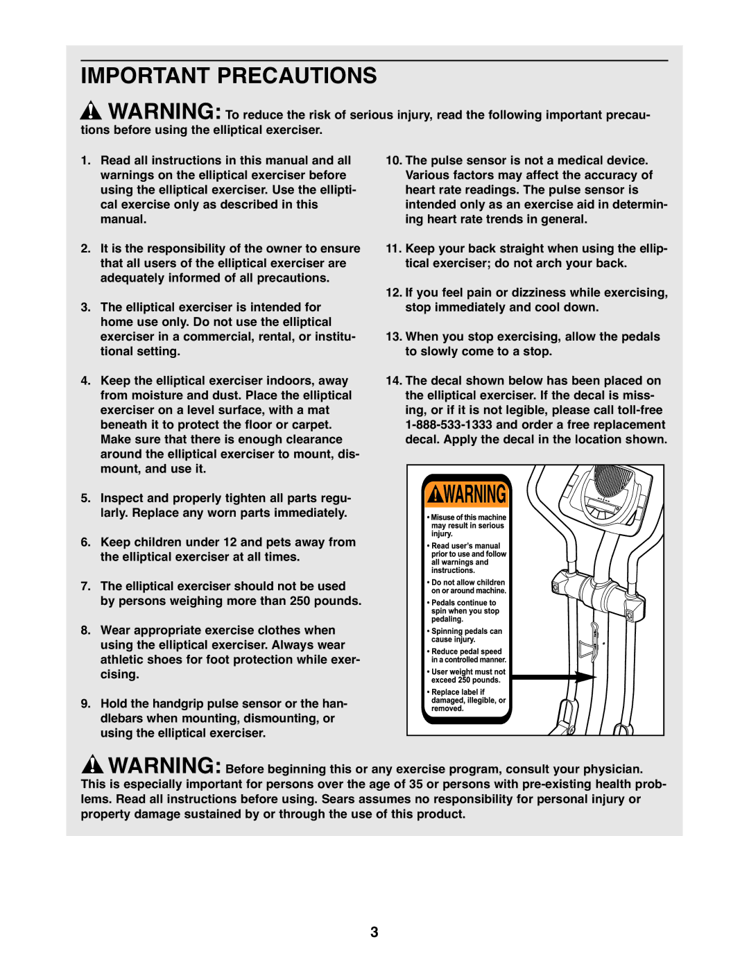 ProForm 831.28544.2 user manual Important Precautions 
