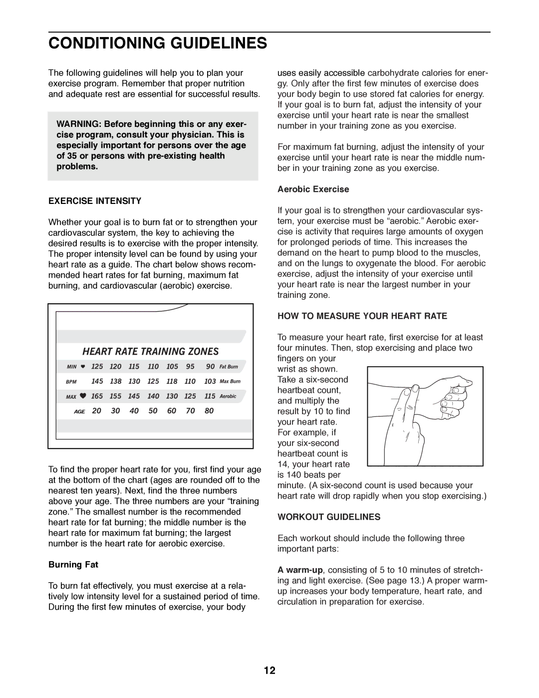 ProForm 831.285732 Conditioning Guidelines, Exercise Intensity, HOW to Measure Your Heart Rate, Workout Guidelines 