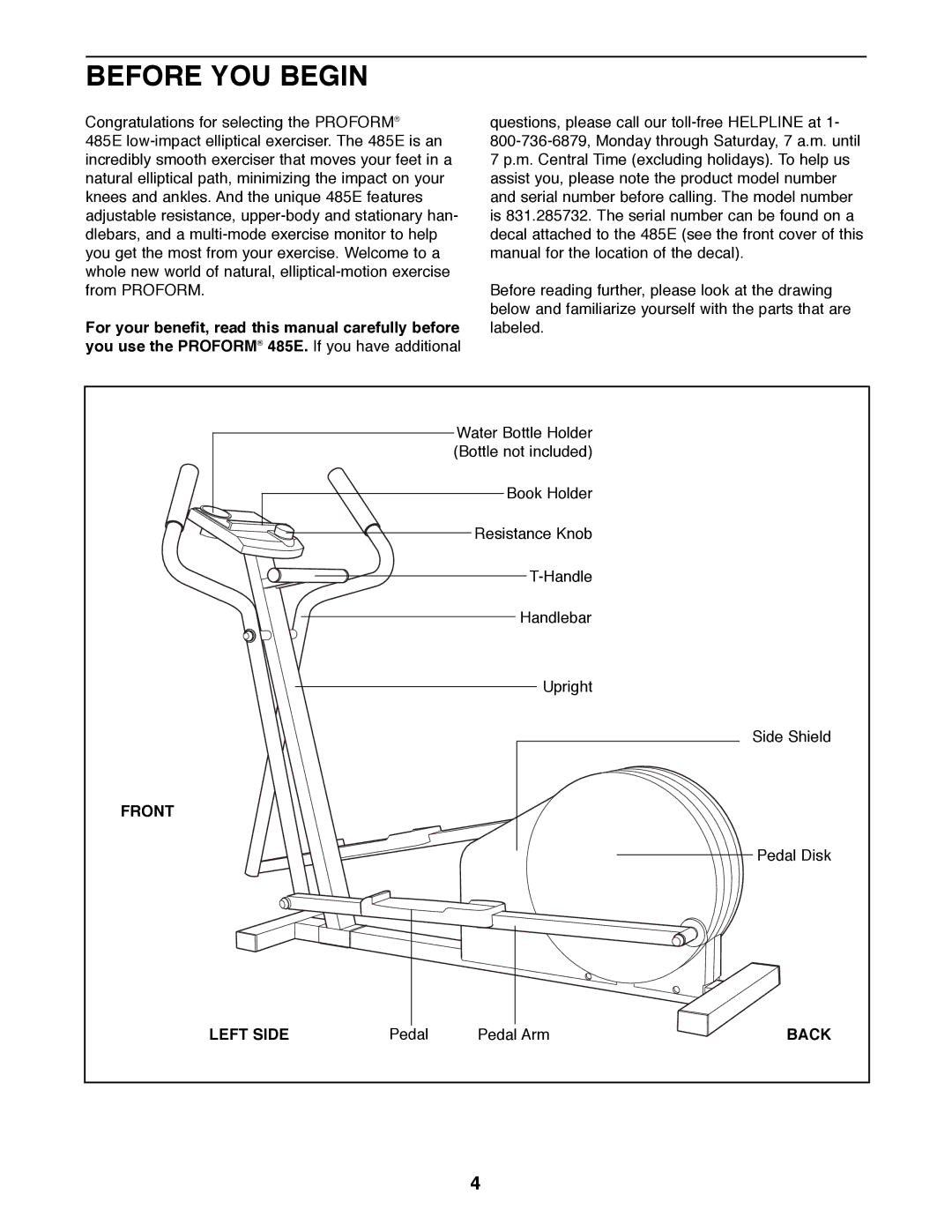 ProForm 831.285732 user manual Before YOU Begin, Front, Left Side, Back 