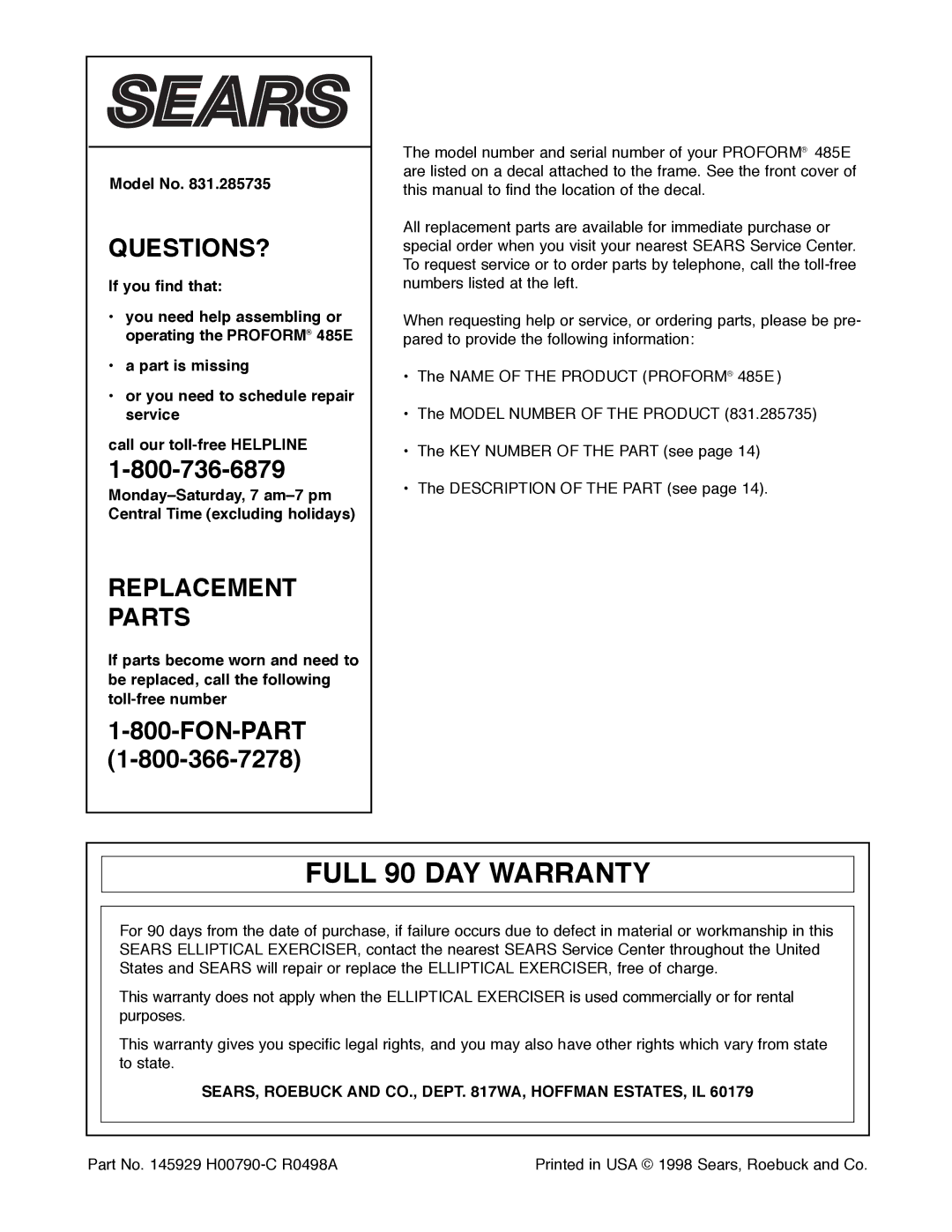 ProForm 831.285735 user manual Full 90 DAY Warranty, Model No, SEARS, Roebuck and CO., Dept WA, Hoffman ESTATES, IL 