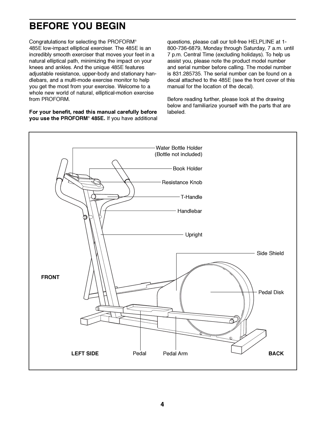 ProForm 831.285735 user manual Before YOU Begin, Front, Left Side, Back 