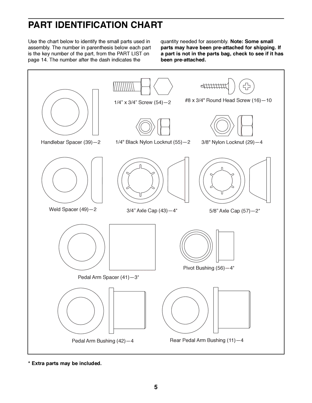 ProForm 831.285735 user manual Part Identification Chart, Extra parts may be included 