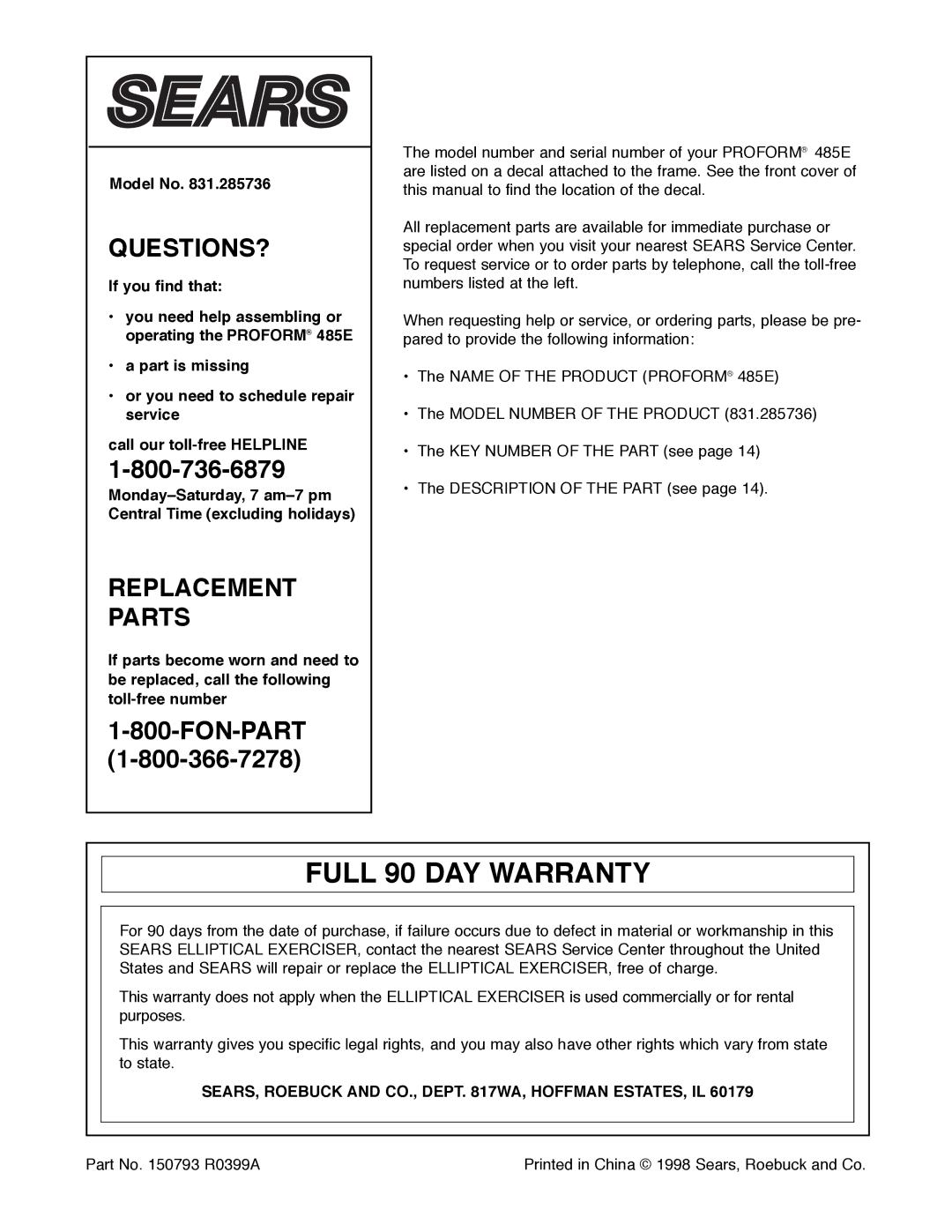 ProForm 831.285736, 485E user manual Full 90 DAY Warranty, Model No, SEARS, Roebuck and CO., Dept WA, Hoffman ESTATES, IL 