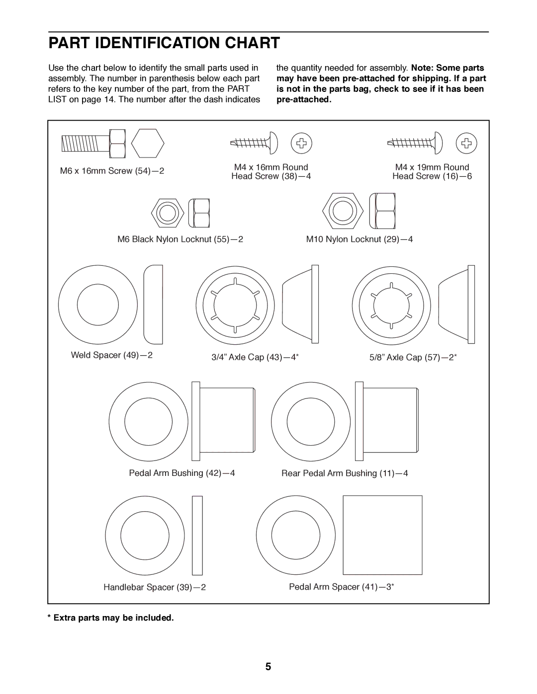 ProForm 485E, 831.285736 user manual Part Identification Chart, Extra parts may be included 