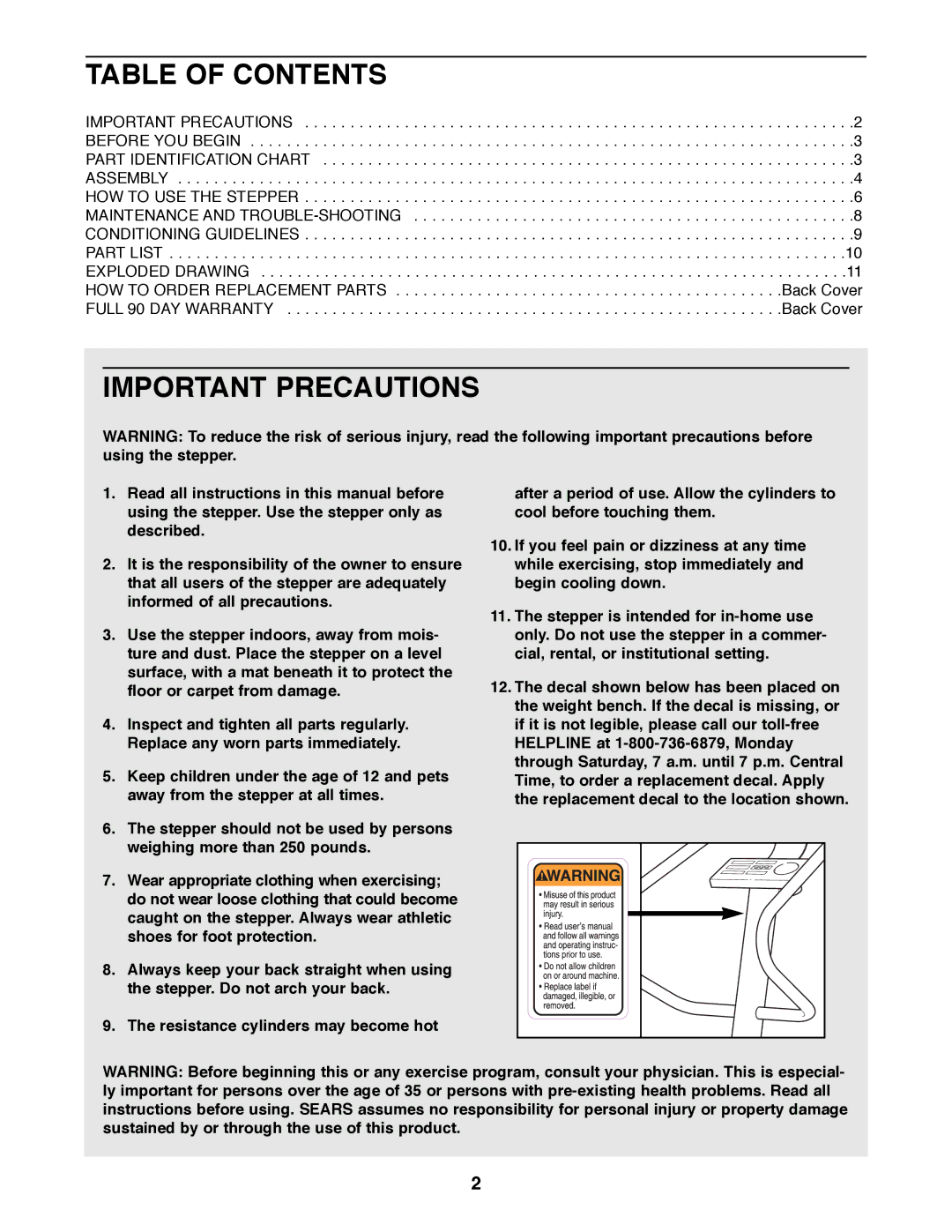 ProForm 831.285820 manual Table of Contents, Important Precautions 