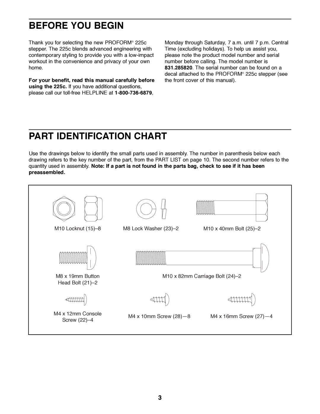 ProForm 831.285820 manual Before YOU Begin, Part Identification Chart 