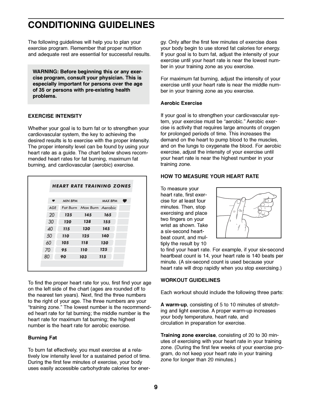 ProForm 831.285820 manual Conditioning Guidelines, Exercise Intensity, HOW to Measure Your Heart Rate, Workout Guidelines 