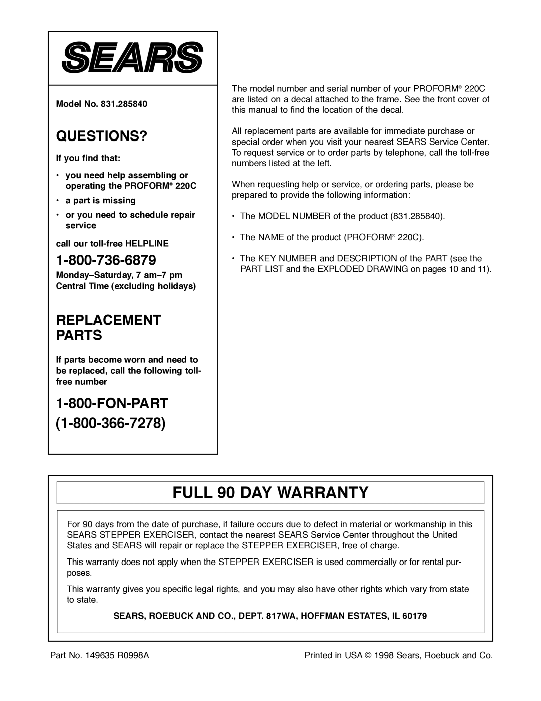 ProForm 831.285840 manual Full 90 DAY Warranty, Model No, SEARS, Roebuck and CO., Dept WA, Hoffman ESTATES, IL 