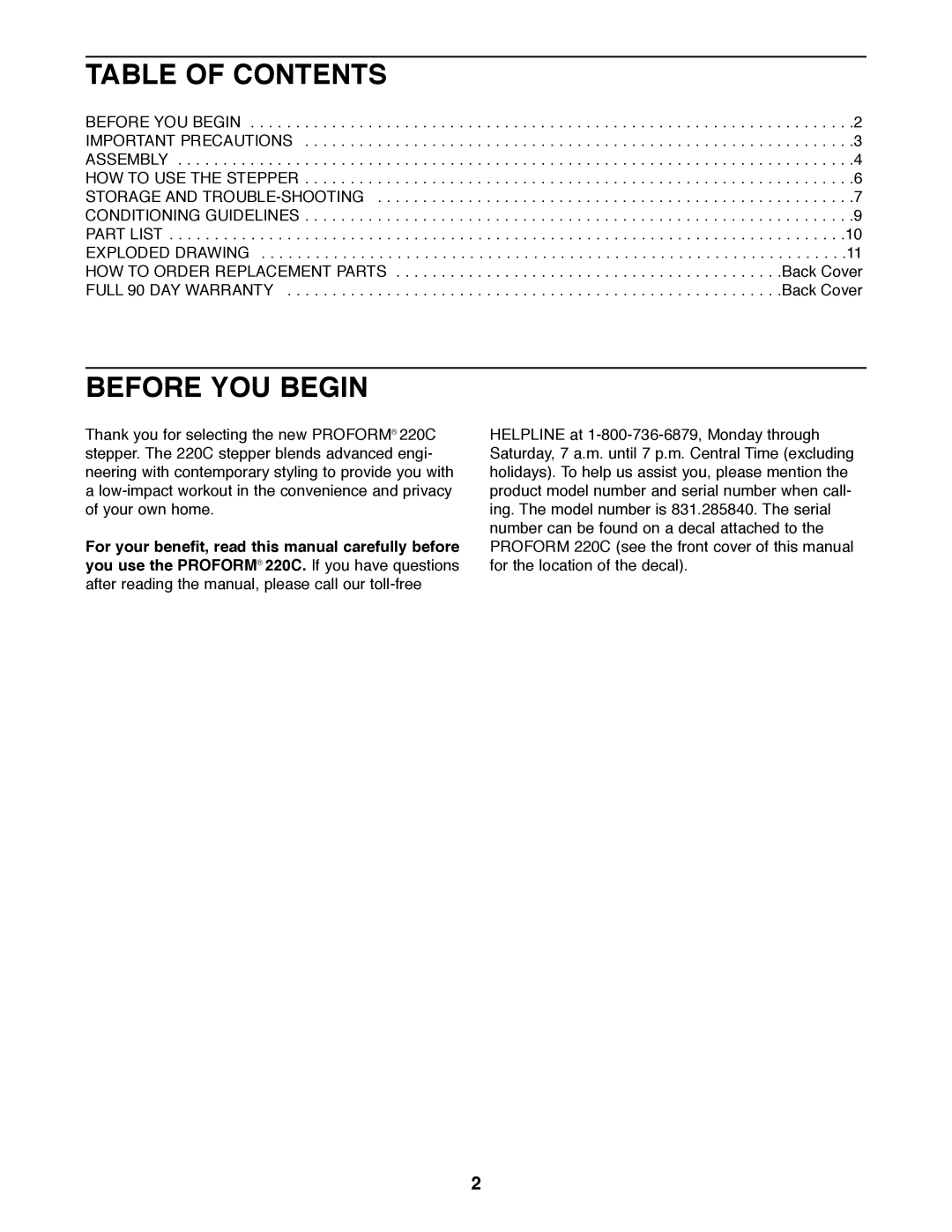 ProForm 831.285840 manual Table of Contents, Before YOU Begin 