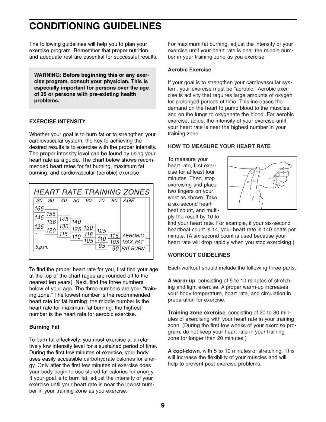 ProForm 831.285840 manual Conditioning Guidelines, Exercise Intensity, HOW to Measure Your Heart Rate, Workout Guidelines 