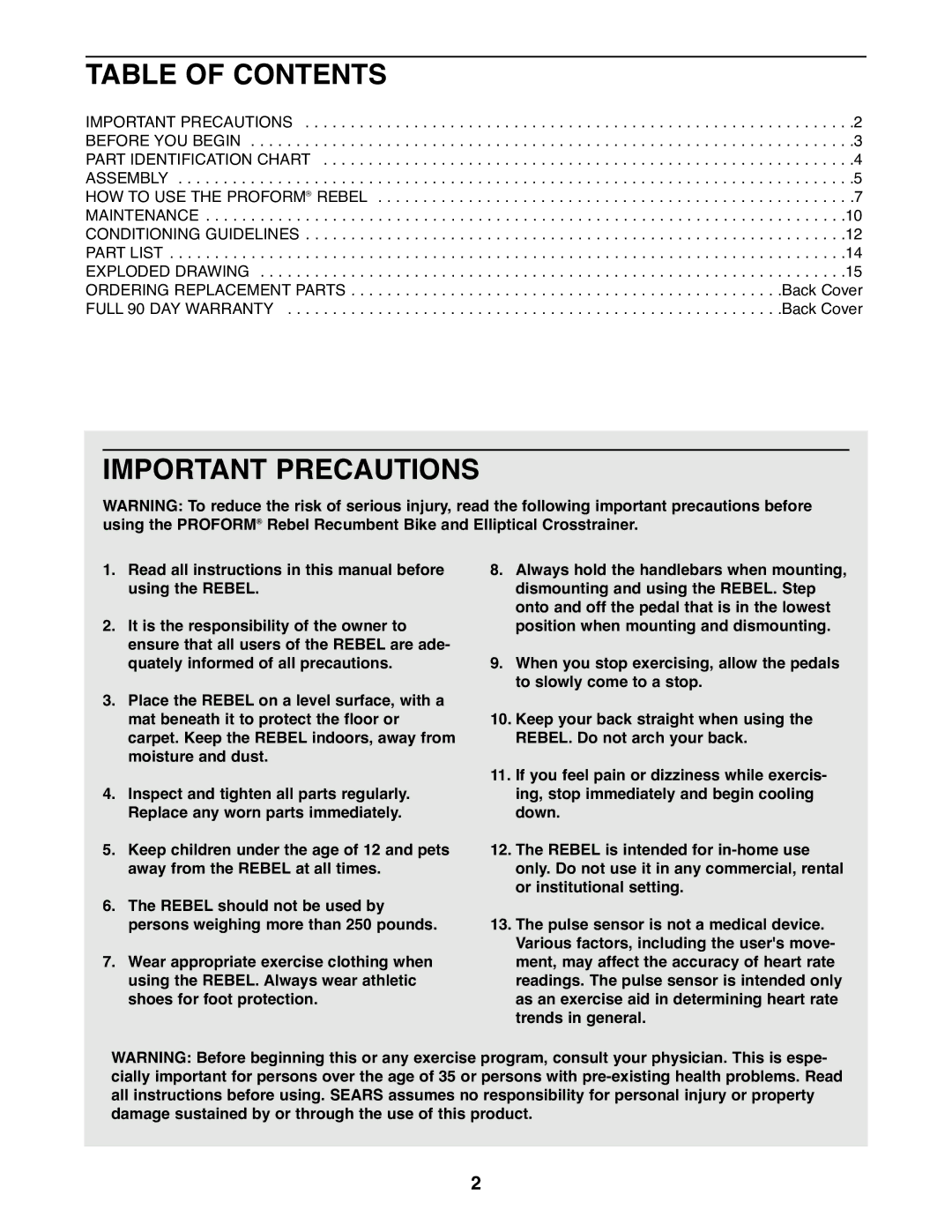 ProForm 831.285870 manual Table of Contents, Important Precautions 